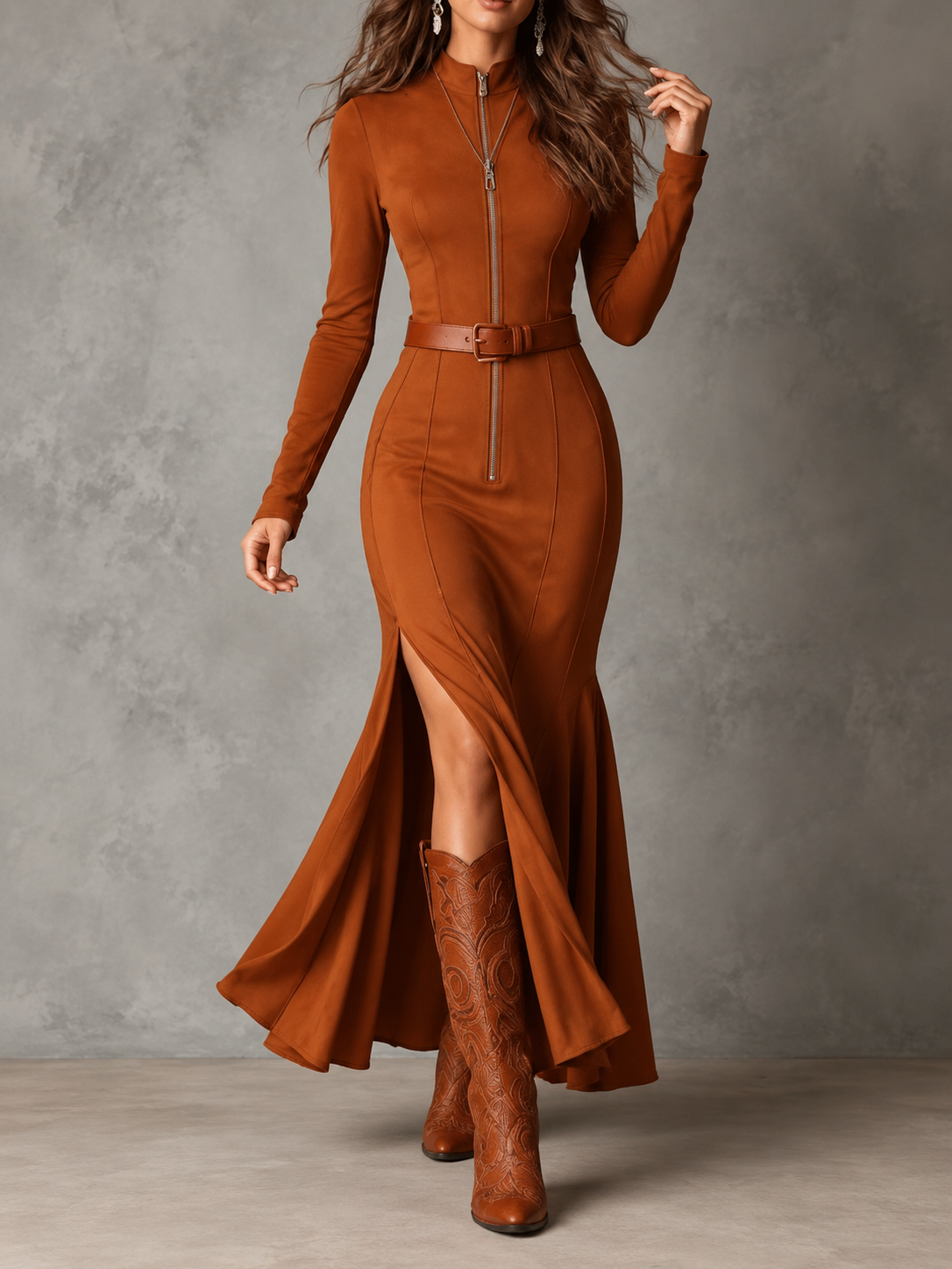 Angela™ | Suede-Look Maxi Dress with Belt