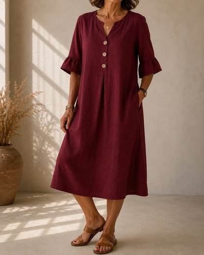 Delphine™ | Tummy-Flattering Midi Dress with Buttons