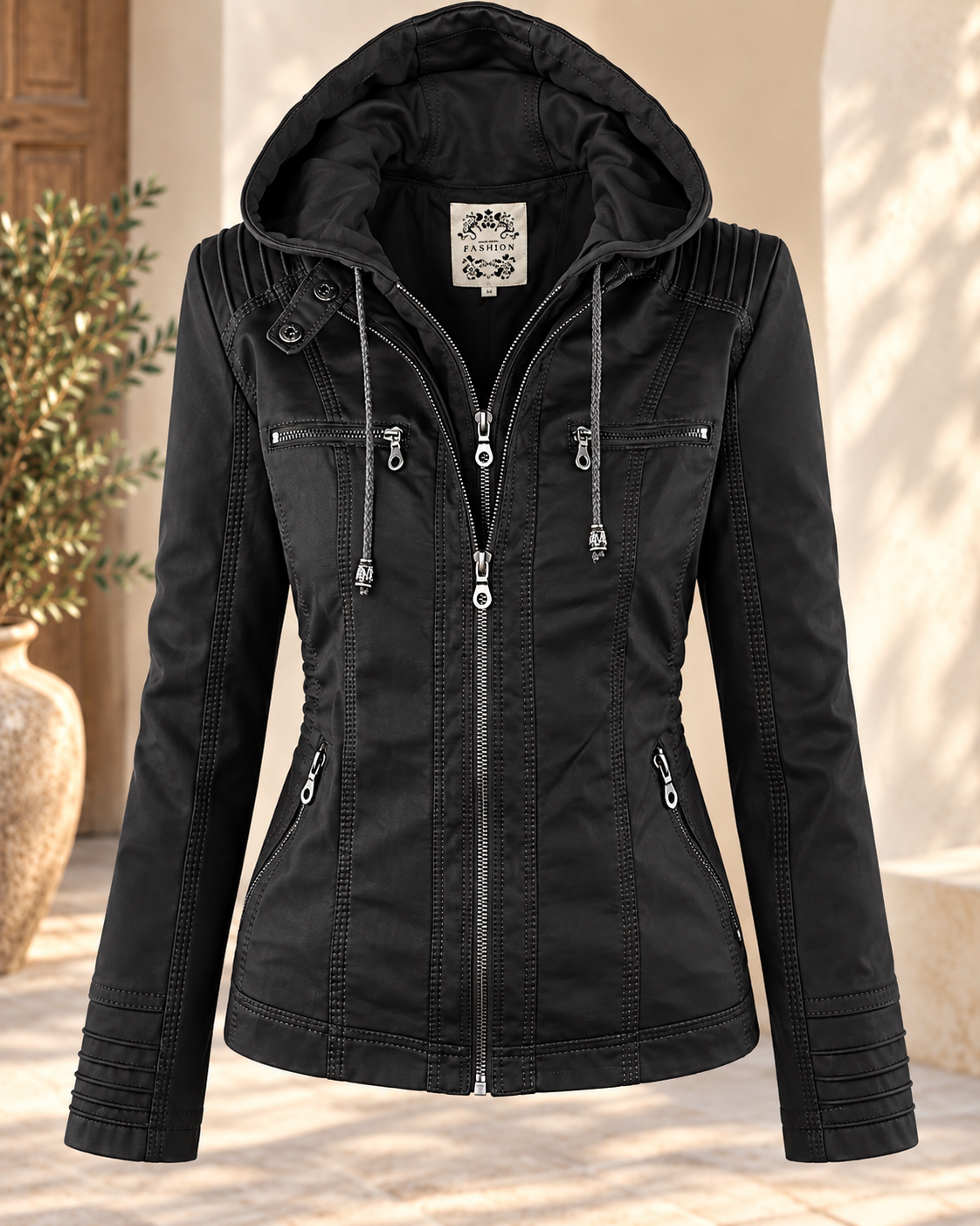 Sarah™ | Elegant Faux Leather Jacket with Hood