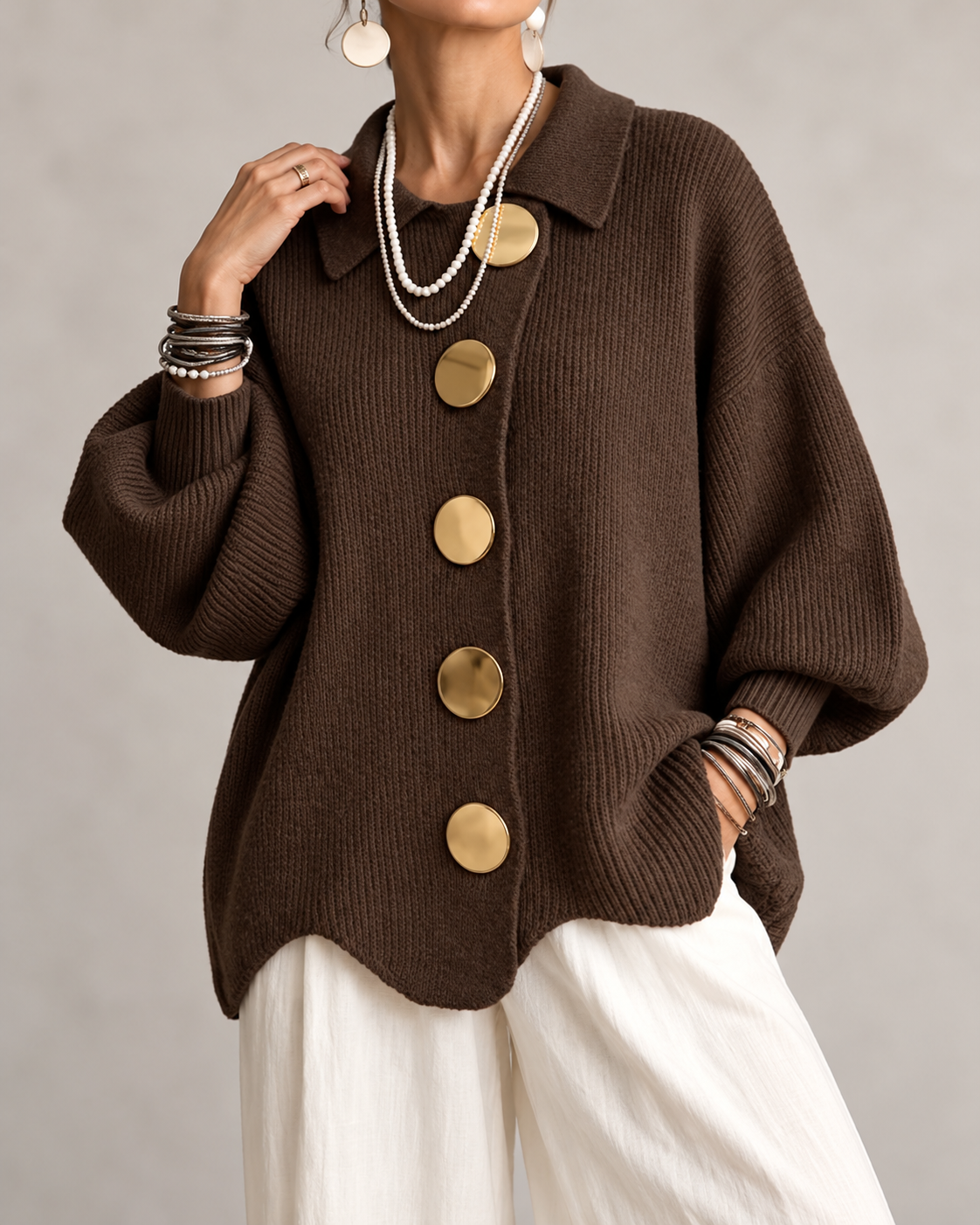 Joanne™ | Oversized Knitted Gilet with Collar and Statement Buttons