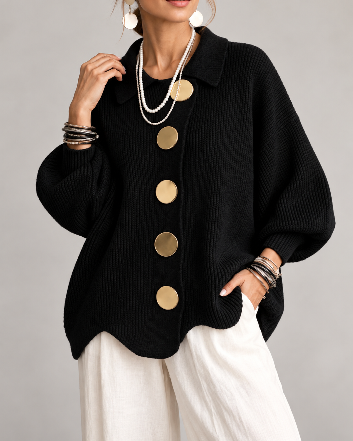 Joanne™ | Oversized Knitted Gilet with Collar and Statement Buttons