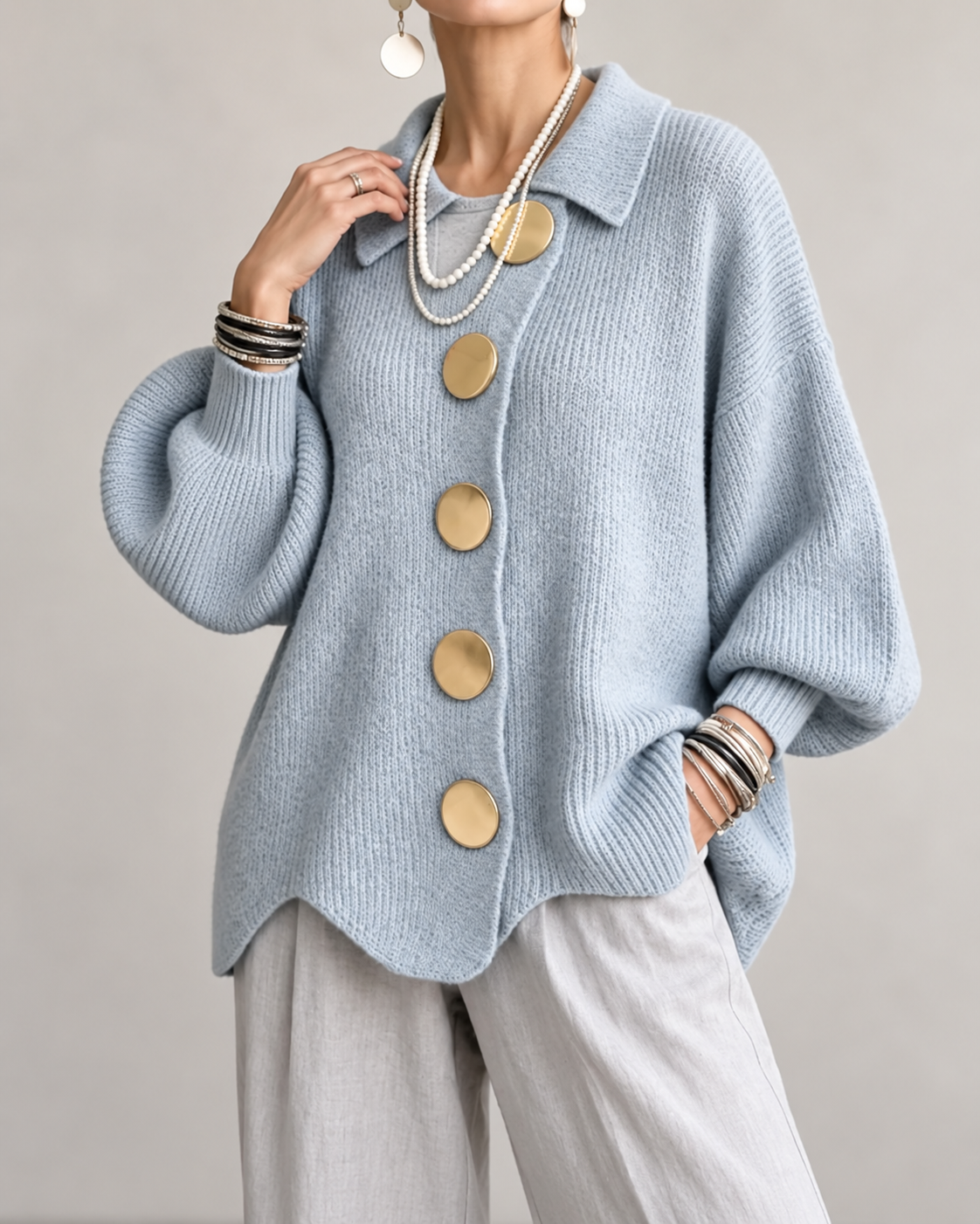 Joanne™ | Oversized Knitted Gilet with Collar and Statement Buttons