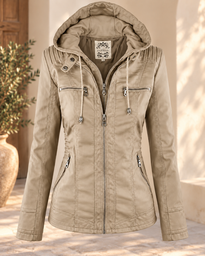 Sarah™ | Elegant Faux Leather Jacket with Hood