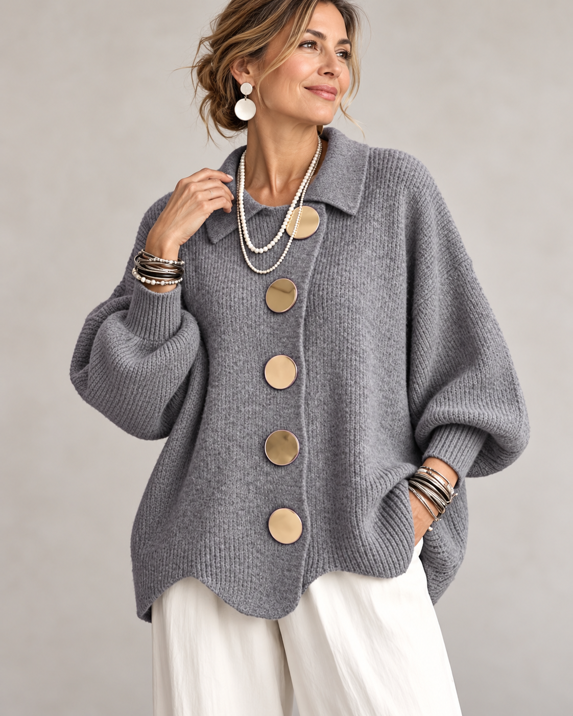 Joanne™ | Oversized Knitted Gilet with Collar and Statement Buttons