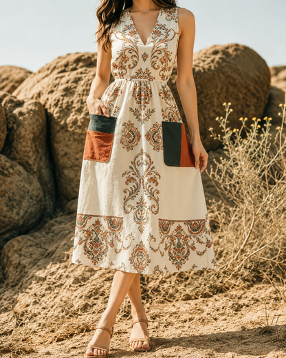 Hélène™ | Patchwork Tummy-Flattering Midi Dress