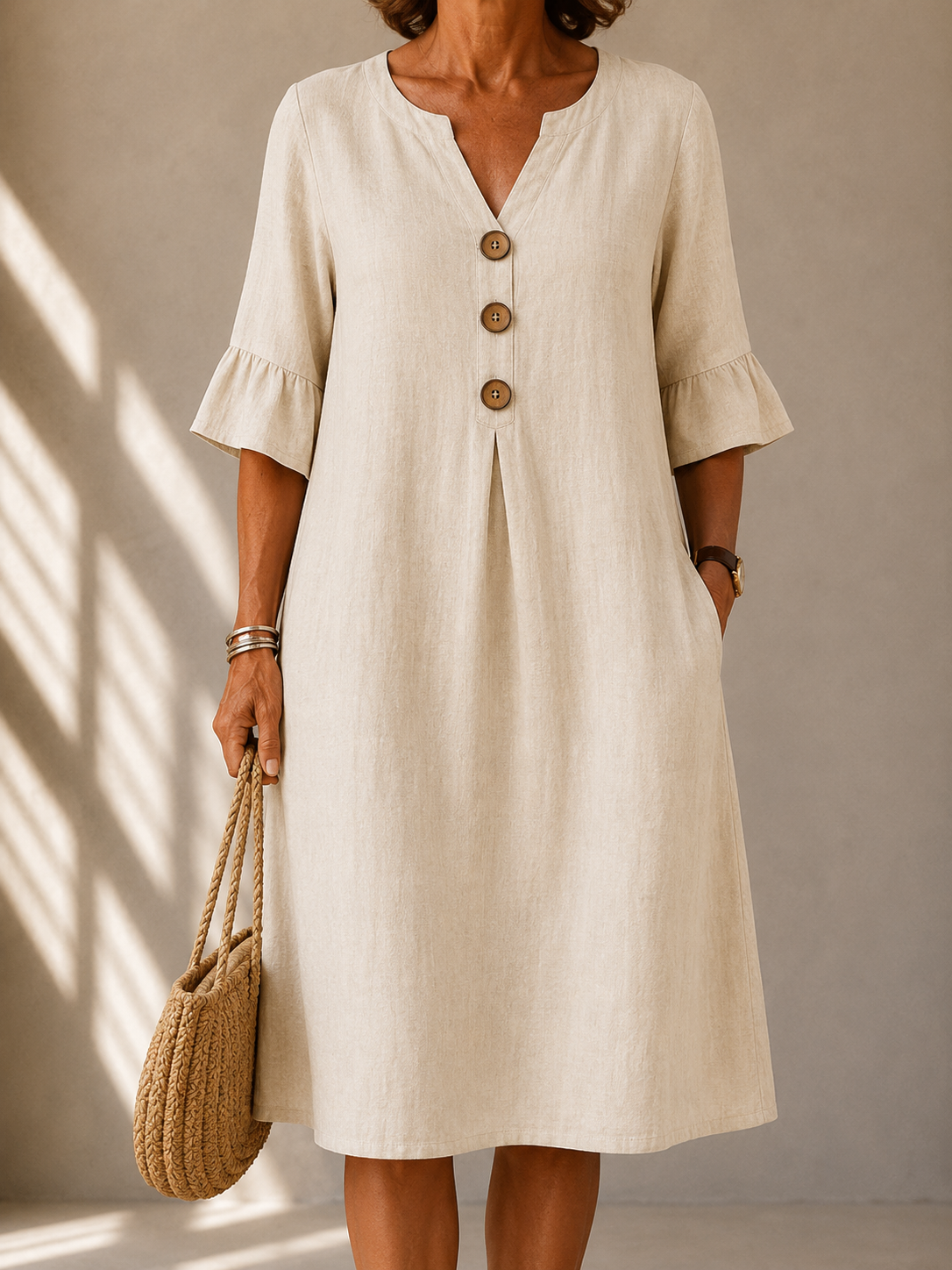 Delphine™ | Tummy-Flattering Midi Dress with Buttons