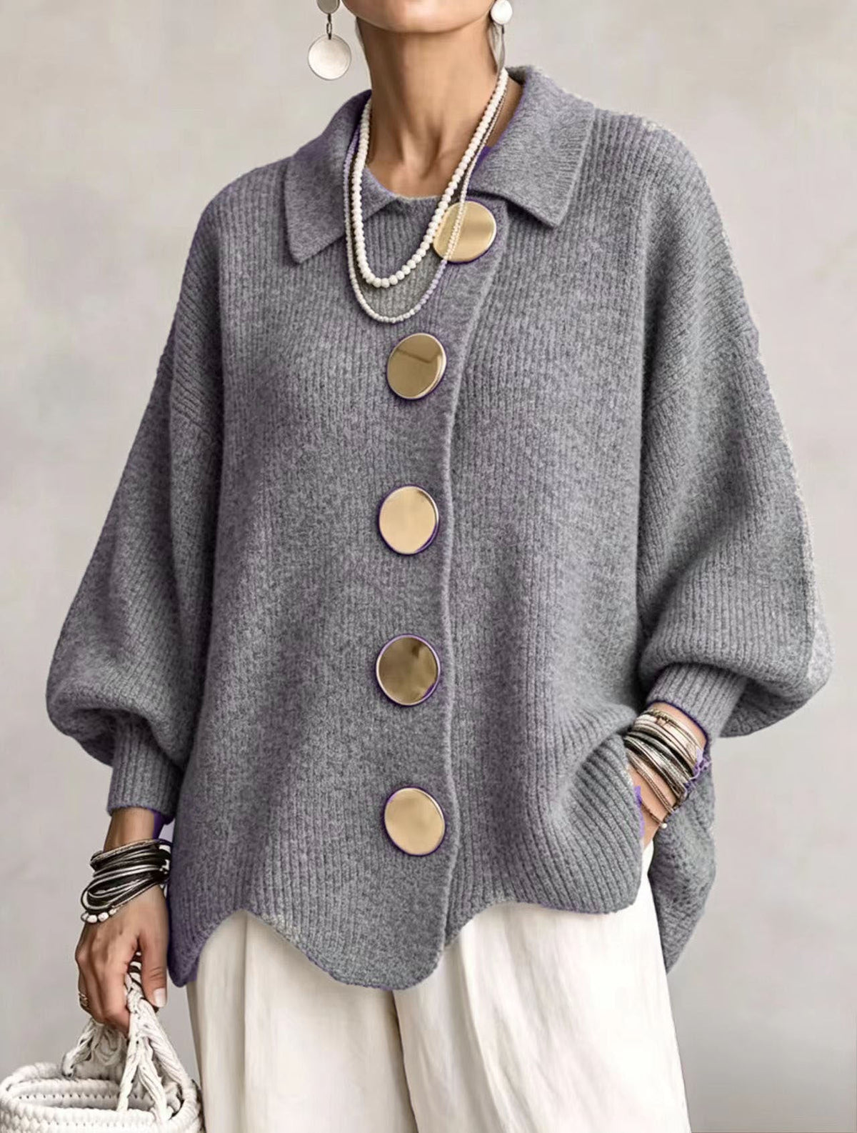 Sarah™ | Oversized Gilet with Collar and Large Gold Buttons 4
