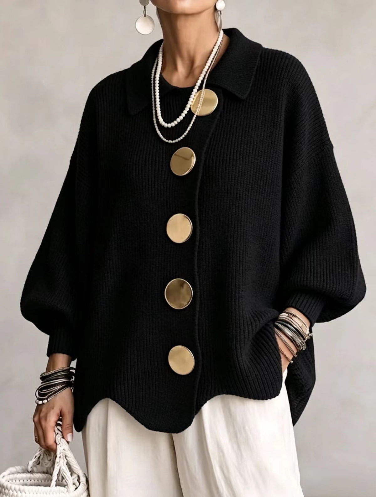 Sarah™ | Oversized Gilet with Collar and Large Gold Buttons 3