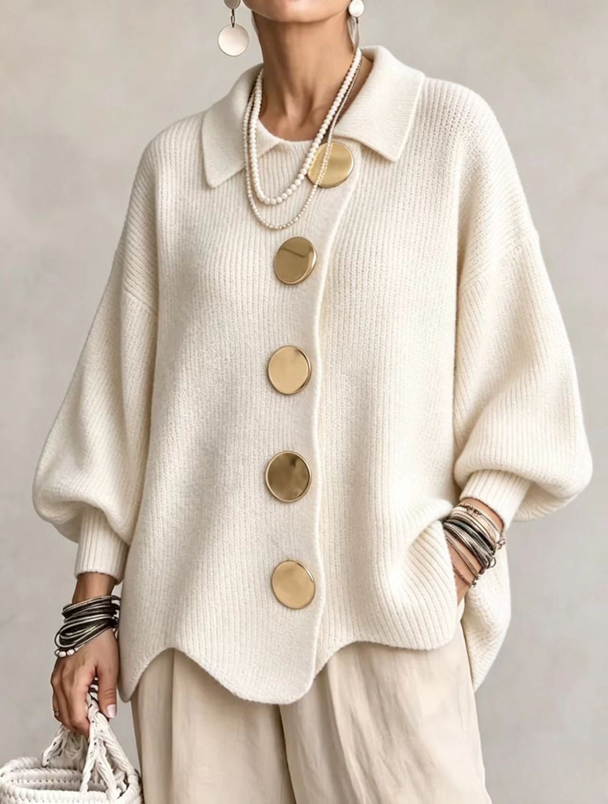 Sarah™ | Oversized Gilet with Collar and Large Gold Buttons 11