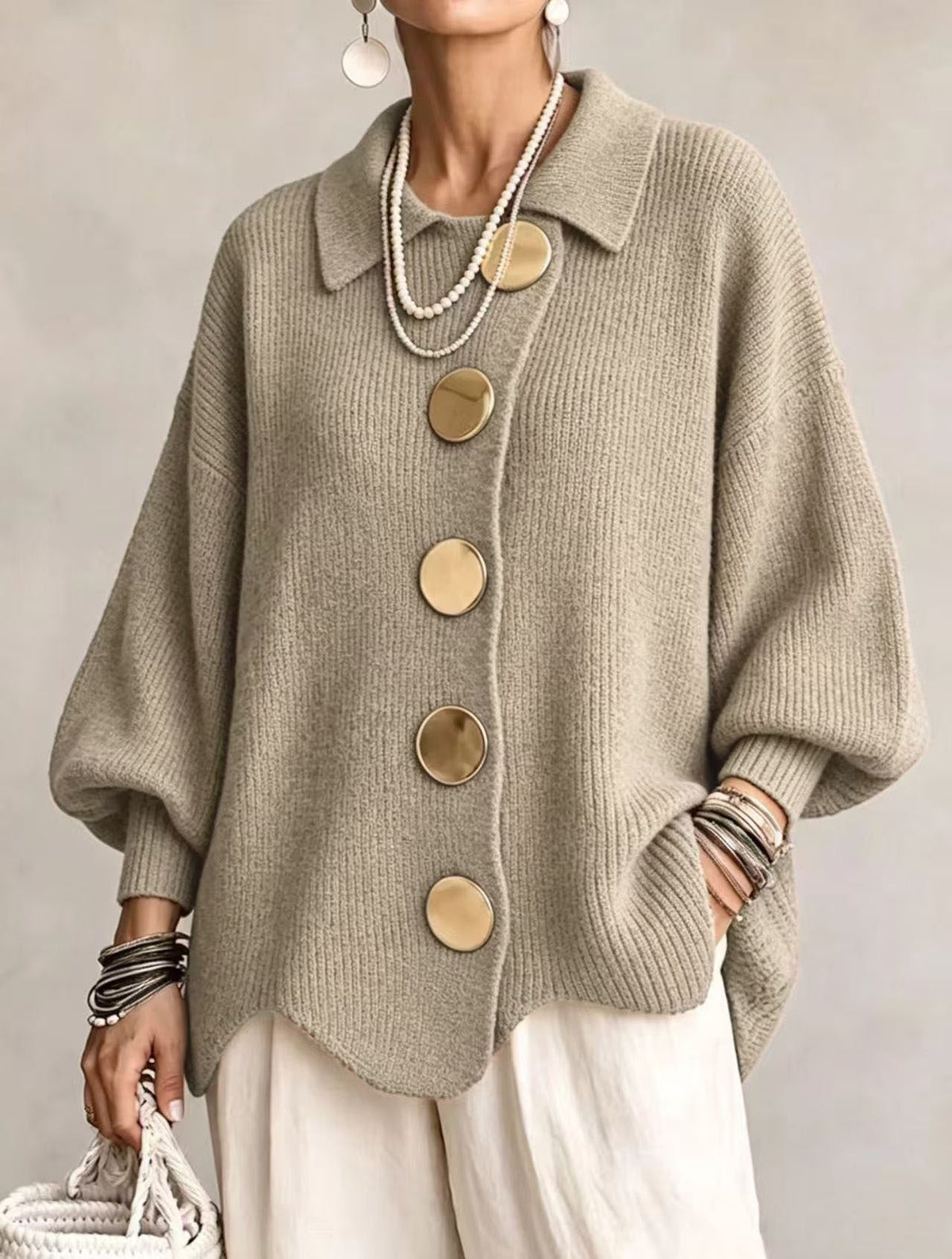 Sarah™ | Oversized Gilet with Collar and Large Gold Buttons 10