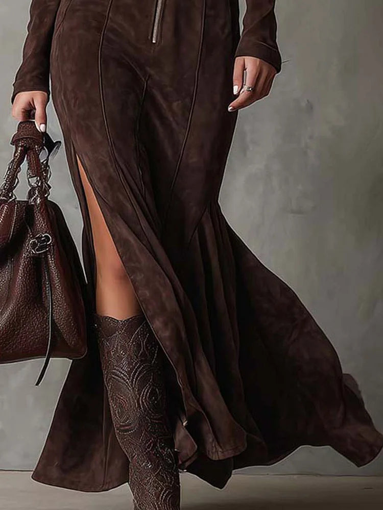 Angela™ | Suede-Look Maxi Dress with Belt