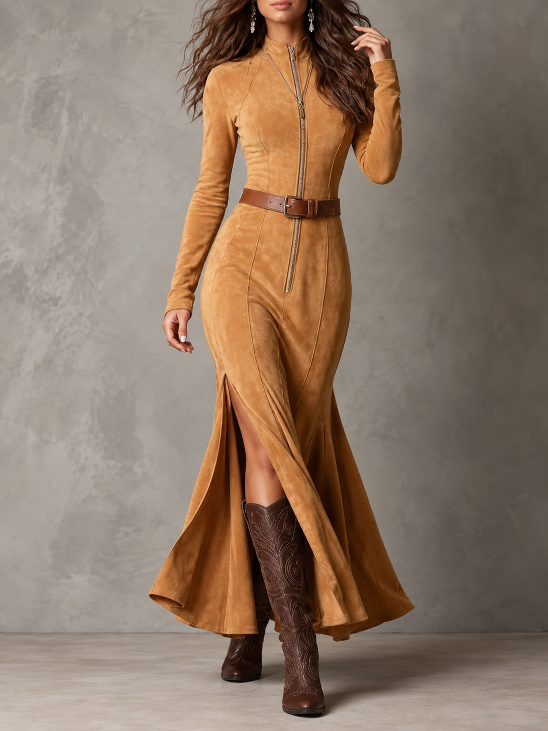 Angela™ | Suede-Look Maxi Dress with Belt