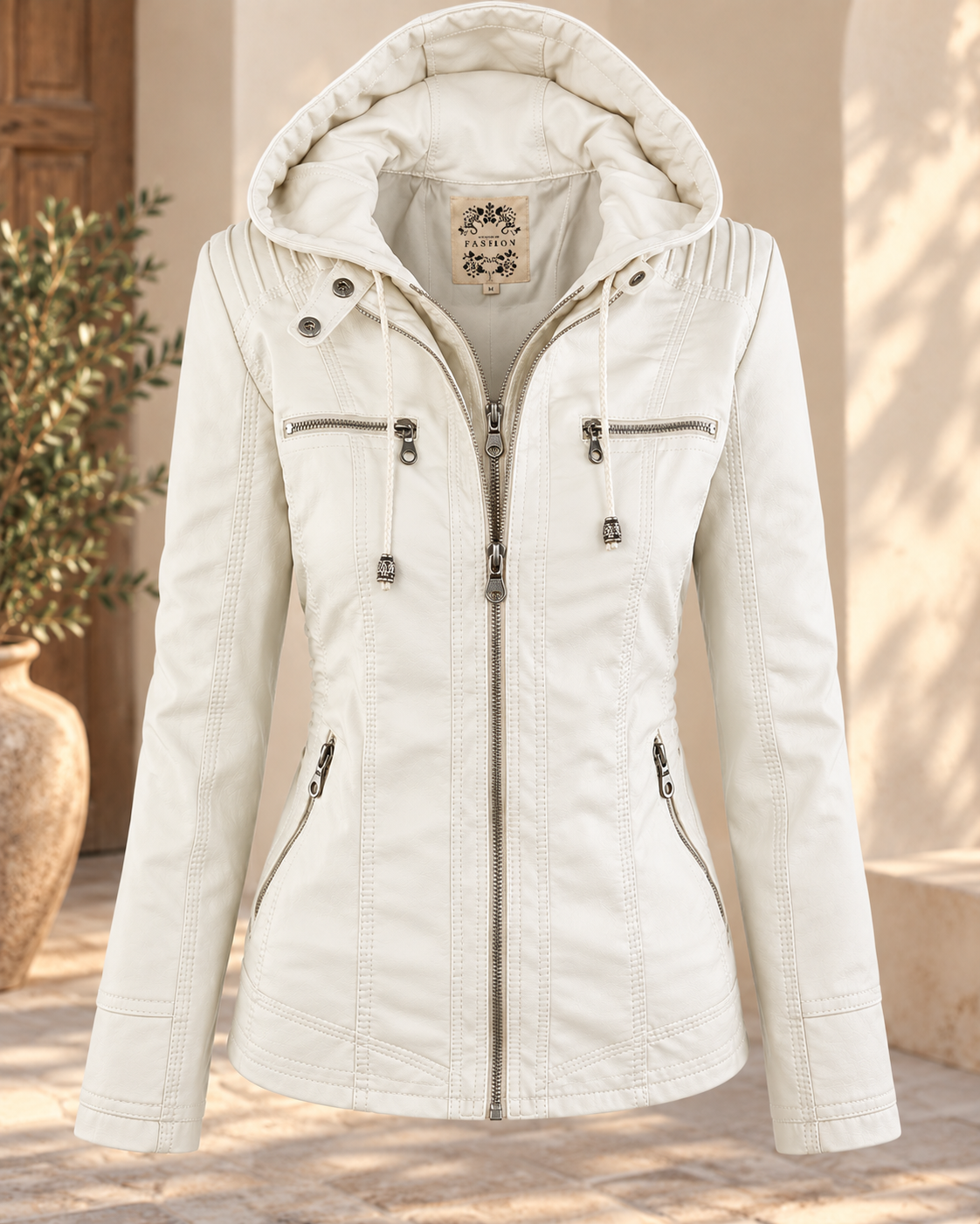 Sarah™ | Elegant Faux Leather Jacket with Hood