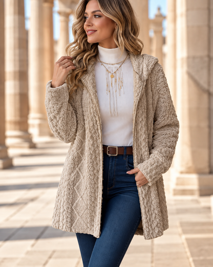 Lynne™ | Knit Cardigan with Hood and Cable Pattern