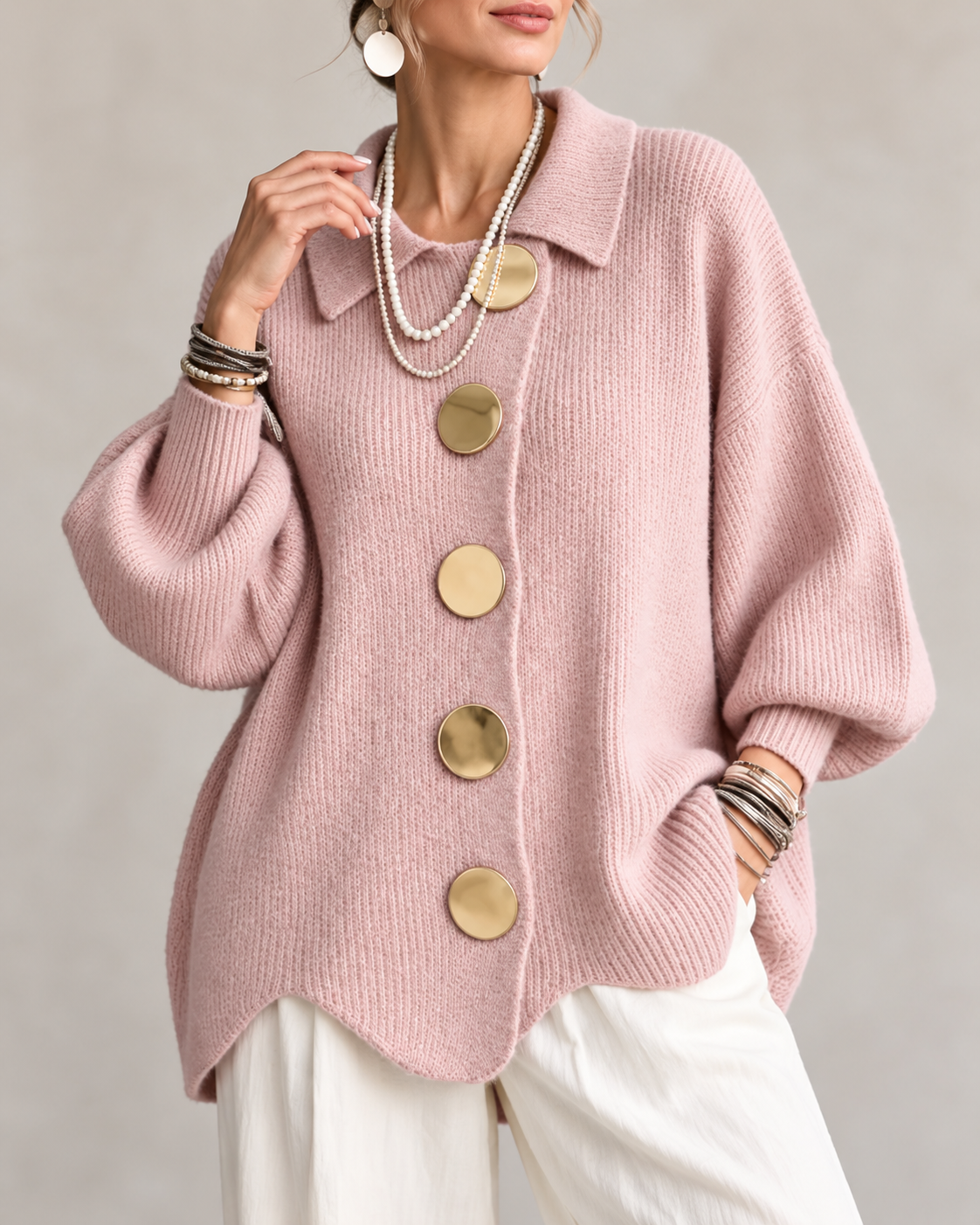 Joanne™ | Oversized Knitted Gilet with Collar and Statement Buttons