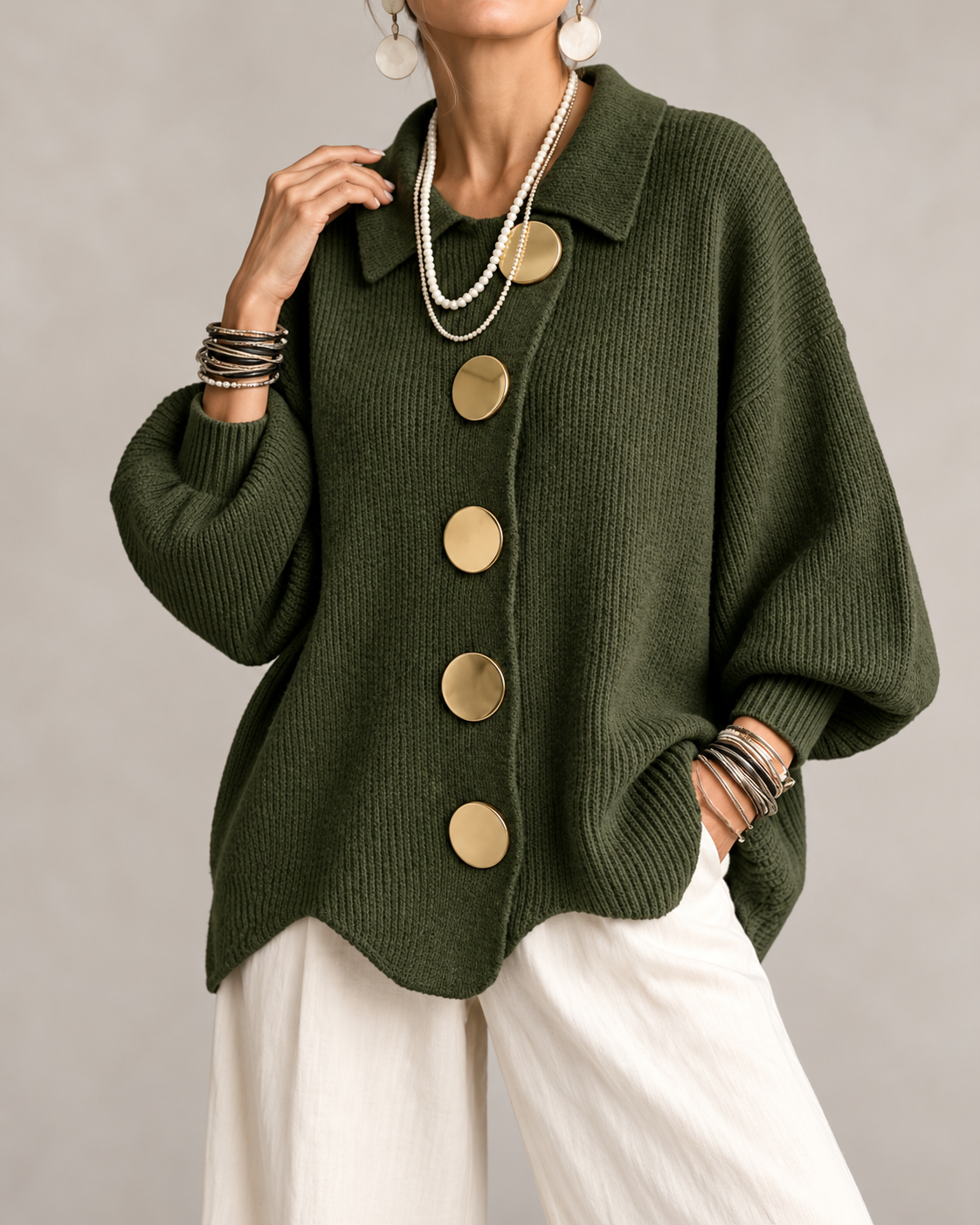Joanne™ | Oversized Knitted Gilet with Collar and Statement Buttons