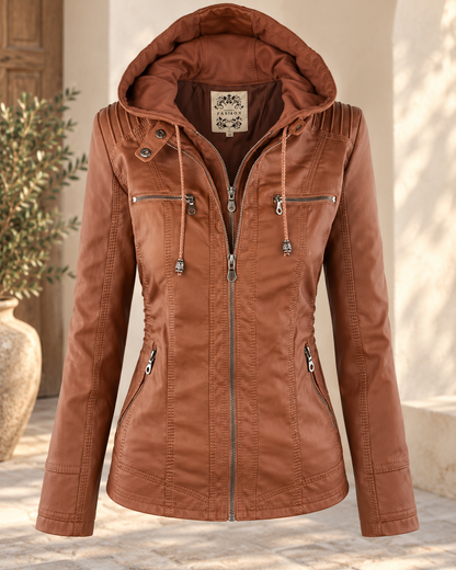 Sarah™ | Elegant Faux Leather Jacket with Hood