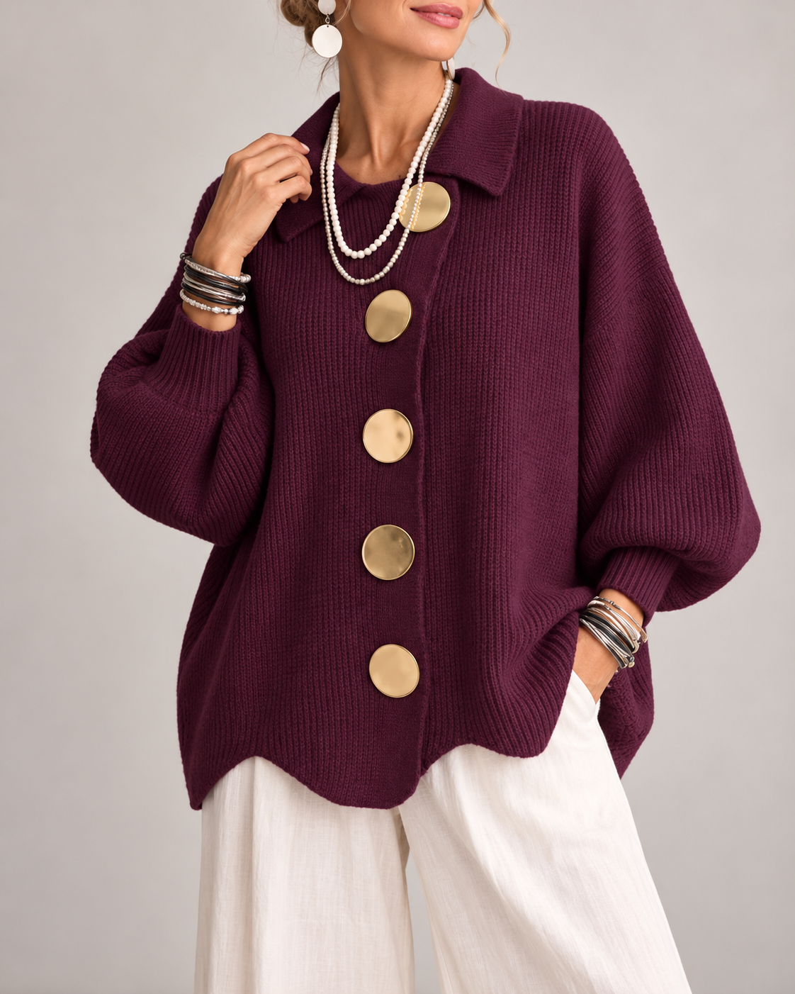 Joanne™ | Oversized Knitted Gilet with Collar and Statement Buttons