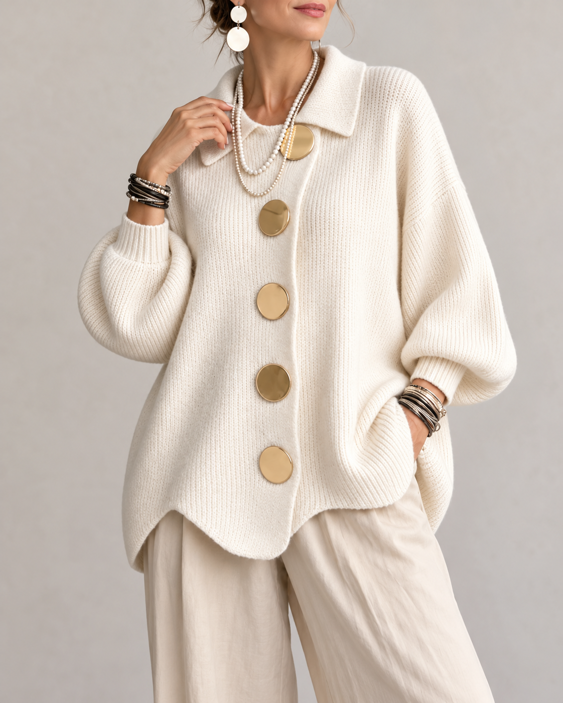 Joanne™ | Oversized Knitted Gilet with Collar and Statement Buttons