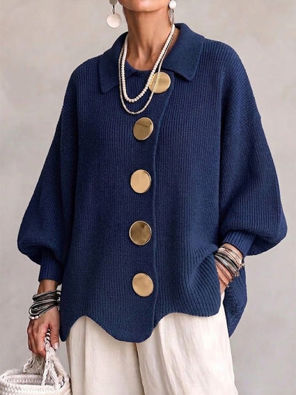 Sarah™ | Oversized Gilet with Collar and Large Gold Buttons