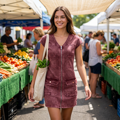 Linda™ | Tummy-Flattering Denim-Effect Short Dress with Zip